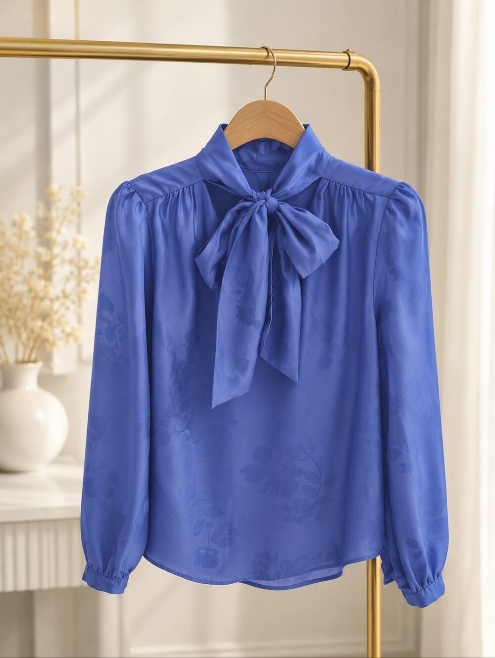 Ann Taylor Women's Petite Small Jacquard Tie Neck Blue/Purple Blouse